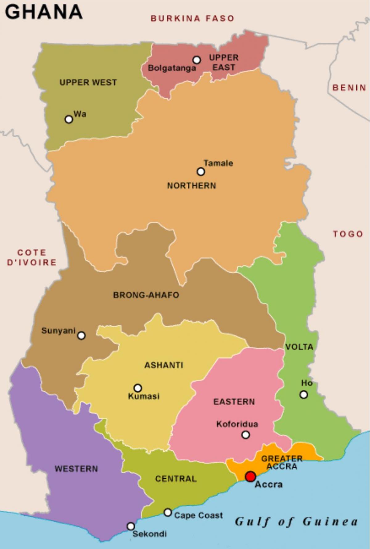 ghana mapa a regionů