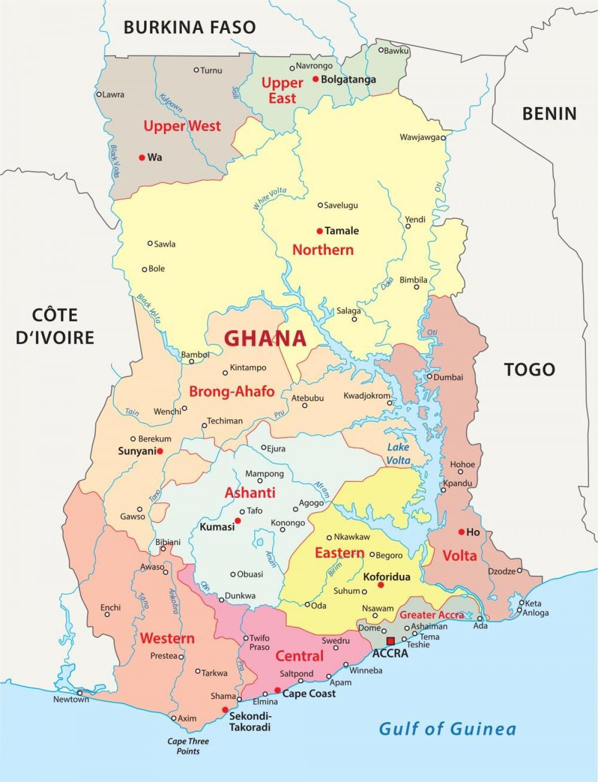 mapa ghana ukazuje okresů